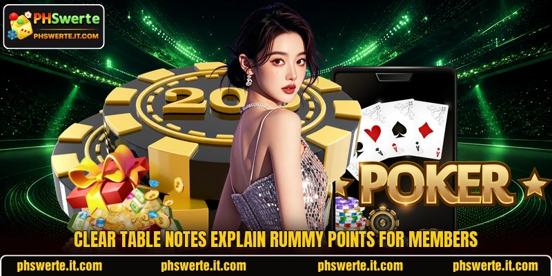 Clear table notes explain rummy points for members Clear table notes explain rummy points for members