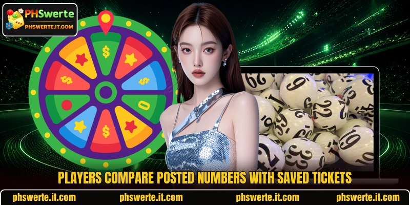 Players compare posted numbers with saved tickets Players compare posted numbers with saved tickets